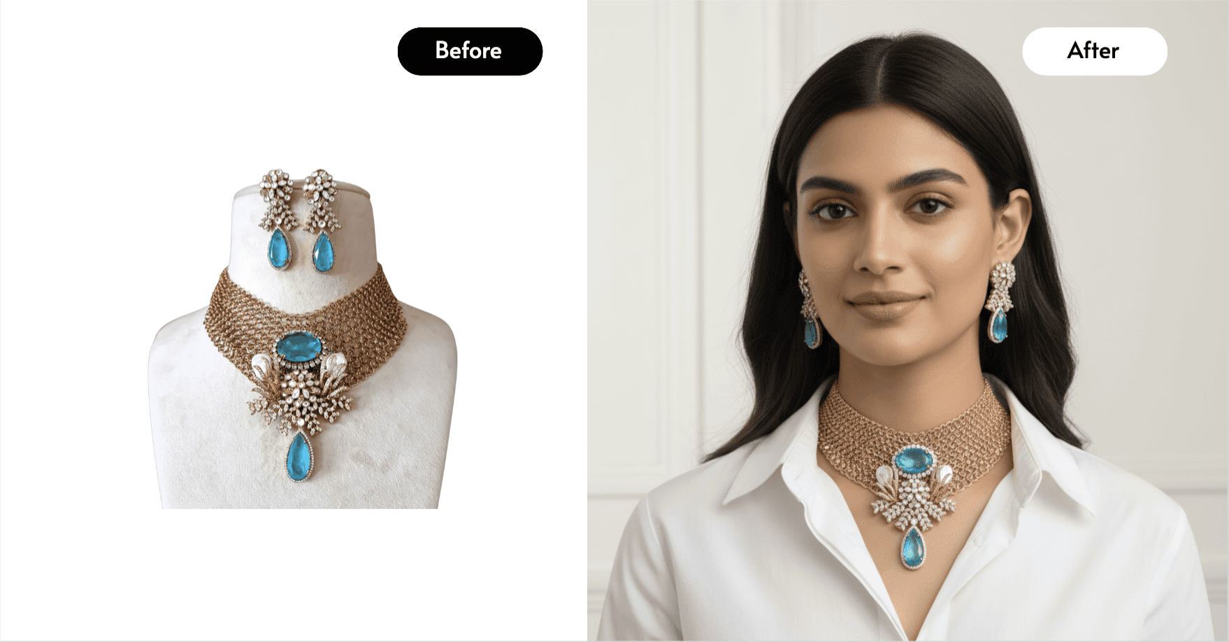 Before and after jewellery product video stills created with AI video generation